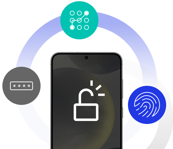 A photo of a phone showing a lock being unlocked on the screen. Above the phone are three graphics showing a pin code, pattern code, and a biometric fingerprint scan.