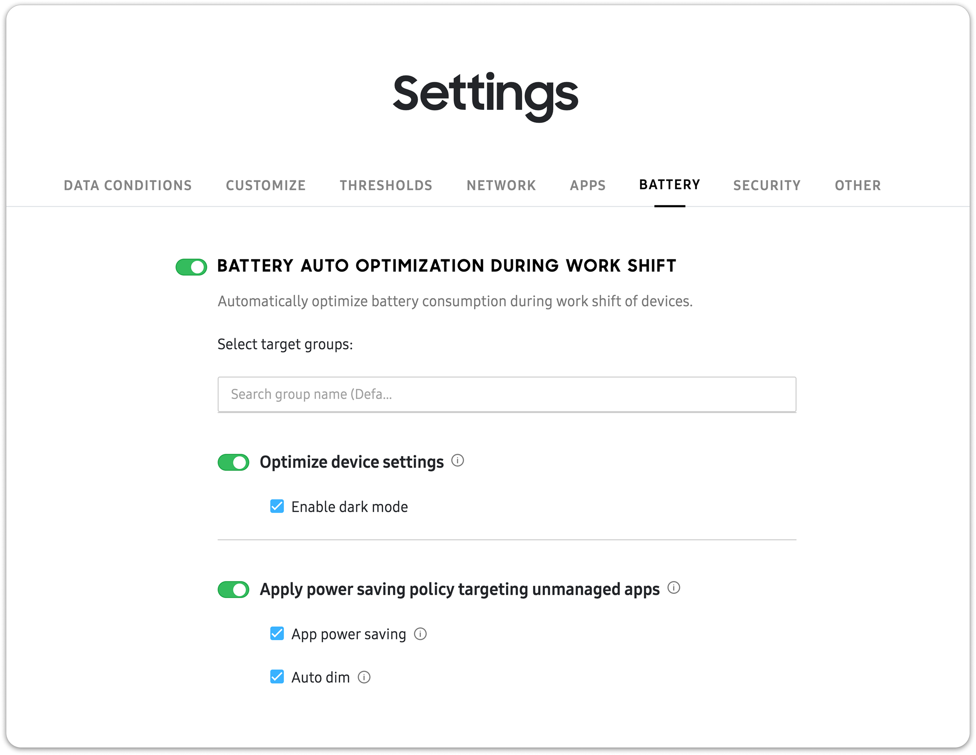 The battery optimization enablement policies directly in the Knox Asset Intelligence dashboard.