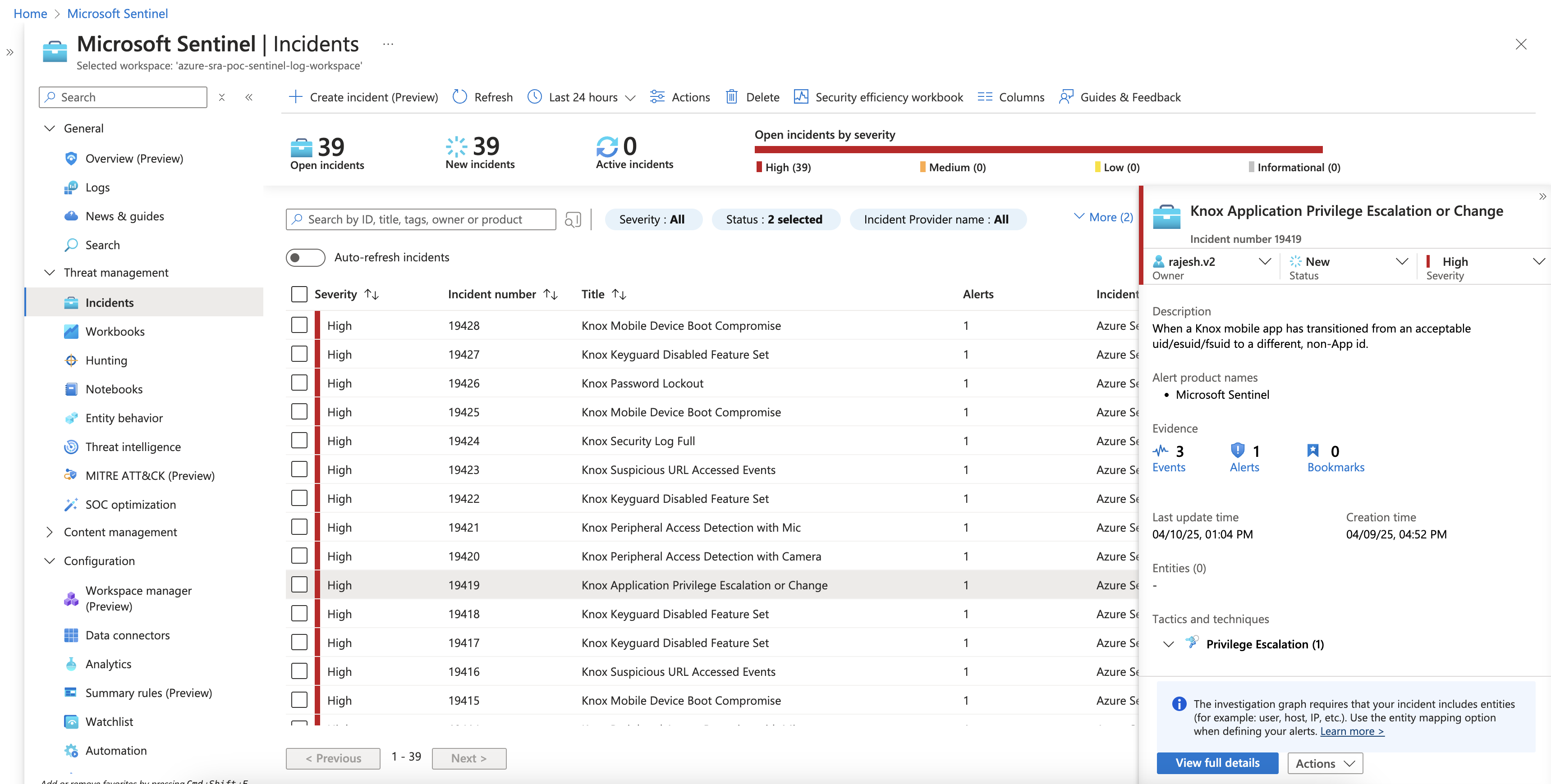 The Microsoft Sentinel Incidents page, displaying a list of security incidents with details like severity, status, and owner.