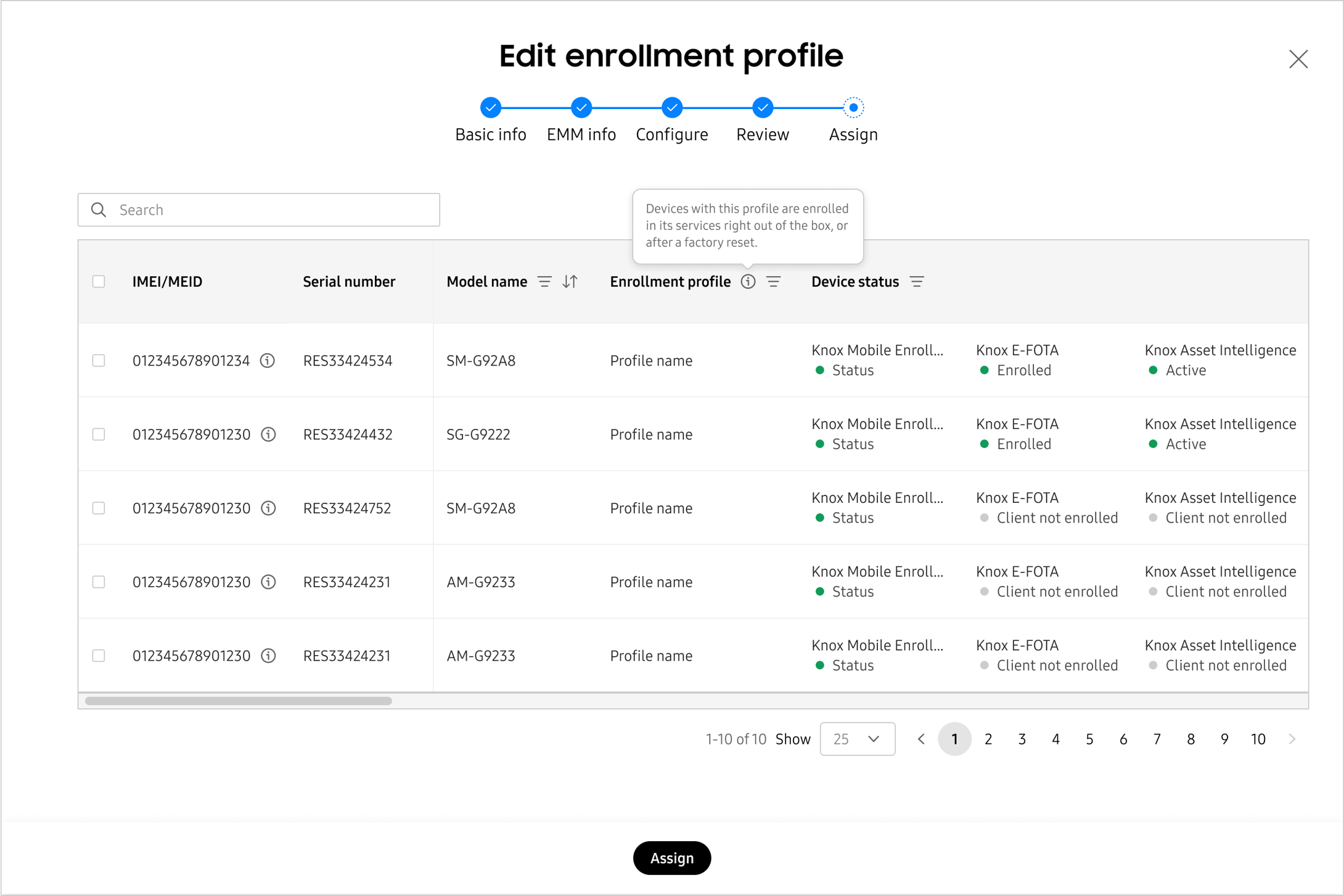 The Assign step of the Edit enrollment profile page, with a table of registered devices showing identifiers and status.