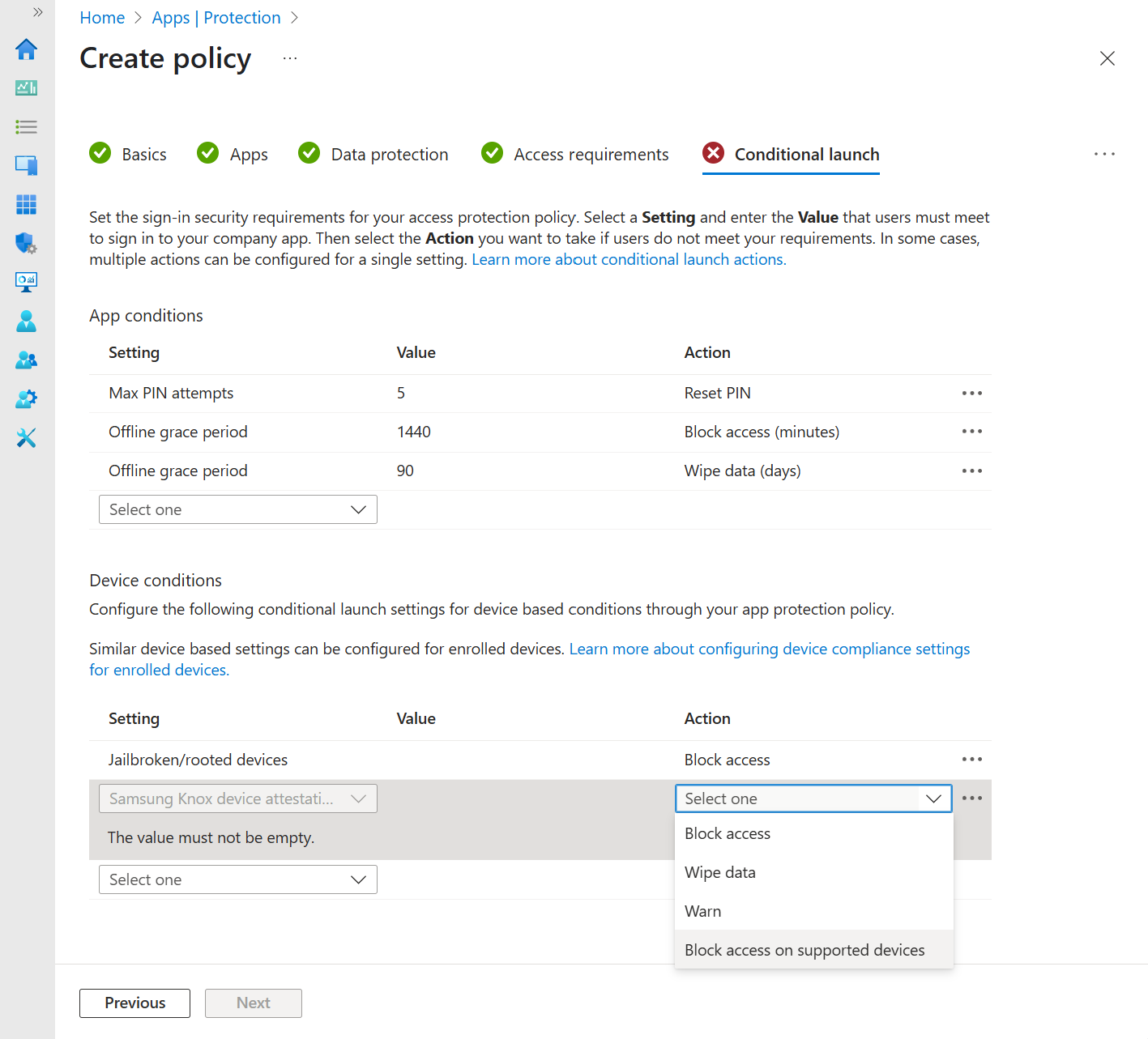 Microsoft Intune Admin Center showing the Samsung Knox On-Device Attestation as a default setting for new Android App Protection policies.
